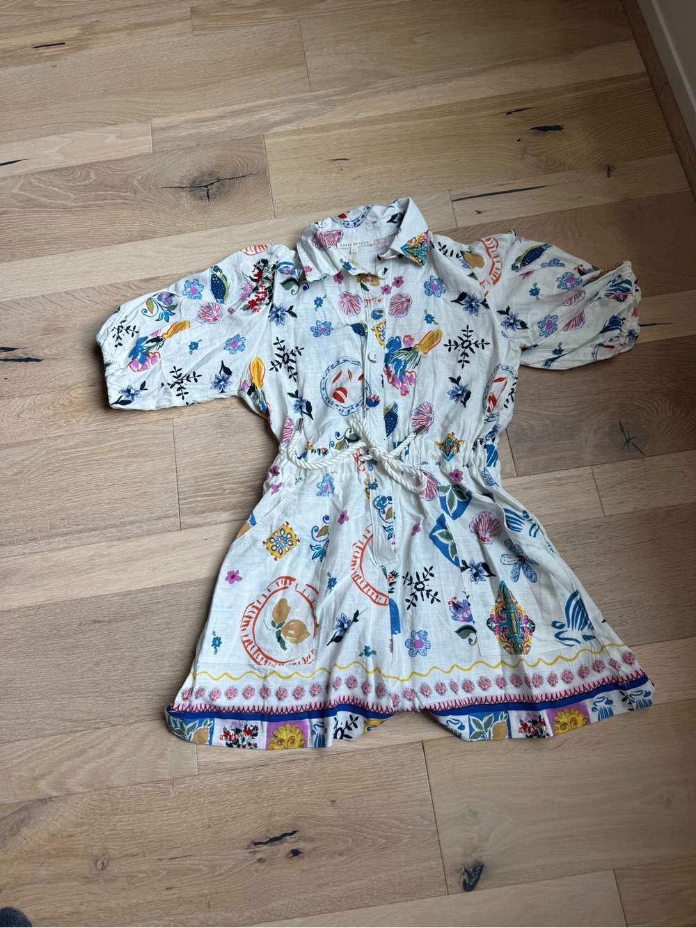 Cream Floral-Print Short Jumpsuit with Tie Waist linen fabric
